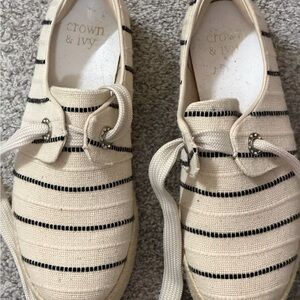 Crown & Ivy Cream Canvas Sneakers with Black Stripes